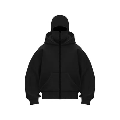 Balaclava Men Zip Hoodie Winter Warm Casual Sweatshirt Y2K with Hooded Face Mask Zipper Design Sports Jacket Outdoor Activities