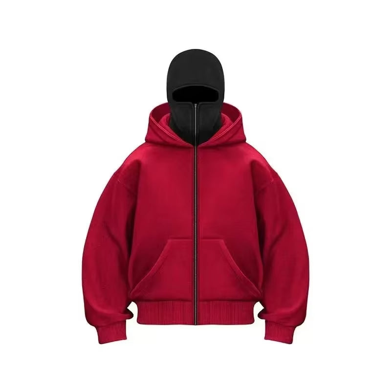 Balaclava Men Zip Hoodie Winter Warm Casual Sweatshirt Y2K with Hooded Face Mask Zipper Design Sports Jacket Outdoor Activities