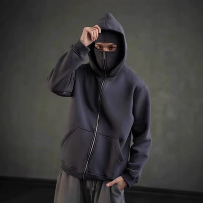 Balaclava Men Zip Hoodie Winter Warm Casual Sweatshirt Y2K with Hooded Face Mask Zipper Design Sports Jacket Outdoor Activities